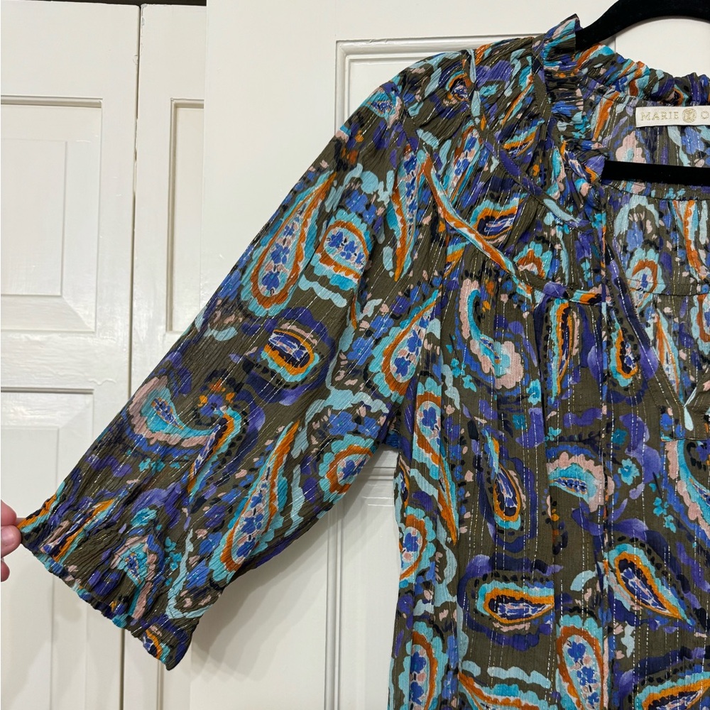 CROSBY by Mollie Burch Finley Top—Olive Paisley Size L - Picture 3 of 6